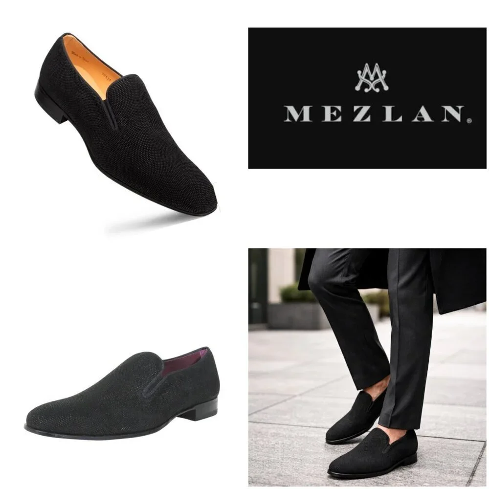 Mezlan Crespi Venetian Loafers Men’s 10M Black Glass Suede Slip-On Dress Shoes